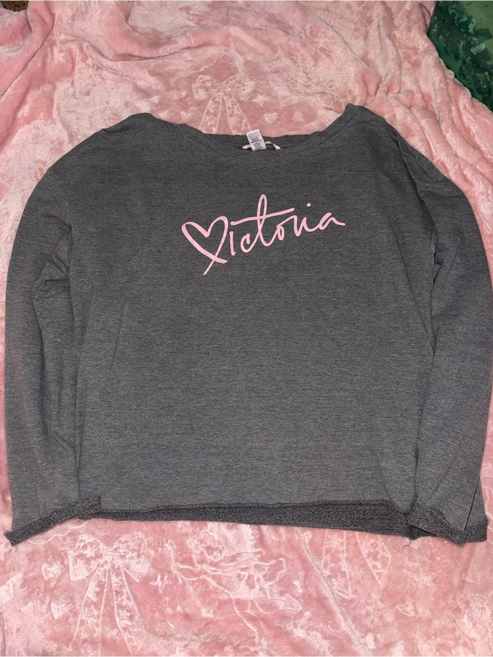 Victoria's Secret Gray Long Sleeve Top with Pink Script Logo